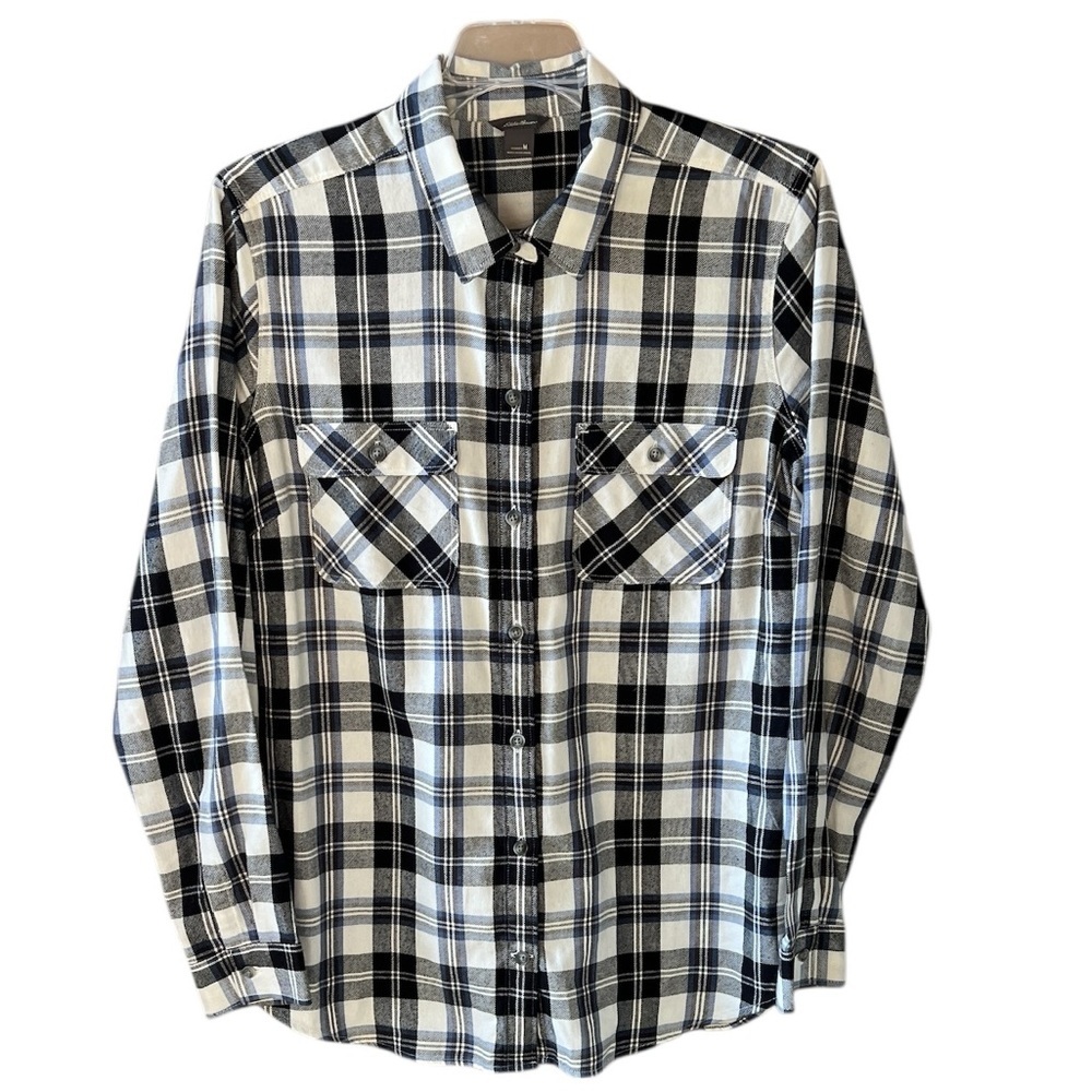 Eddie Bauer Women’s M Plaid Long Sleeve Button down Shirt Blue White